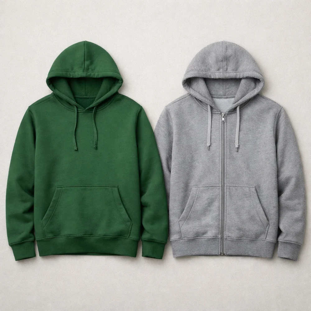 Two kids hoodies laid flat, one pullover and one zip-up.