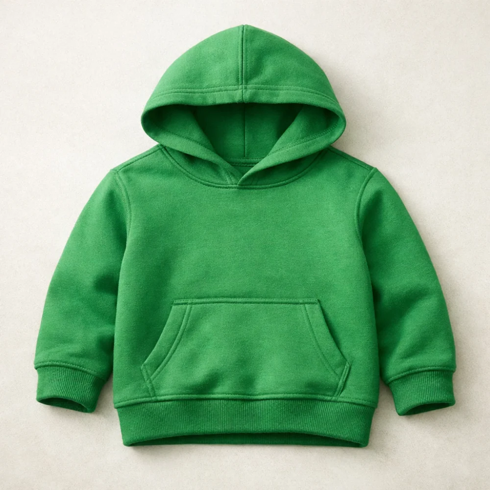 A child-sized hoodie laid flat on a plain background.