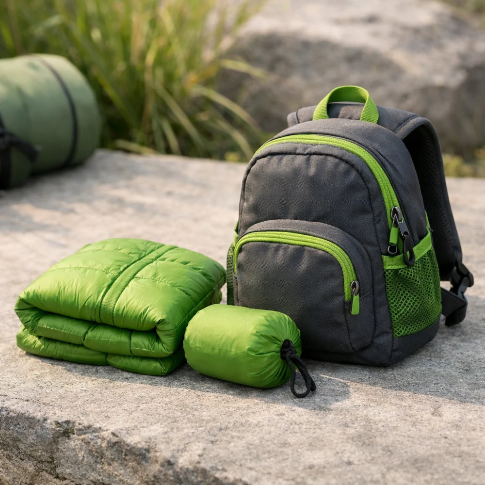 A folded kids' packable jacket beside a small day bag.