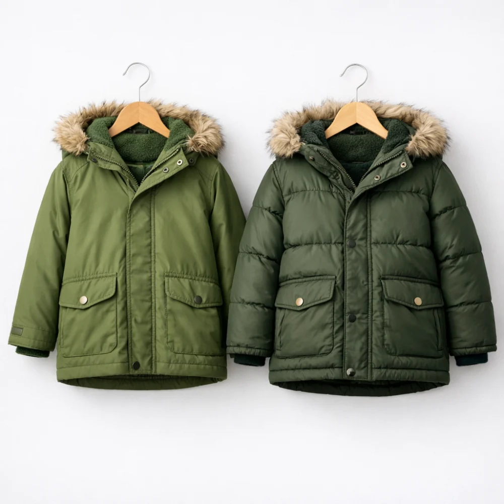 Two generic kids parka jackets showing different levels of padding