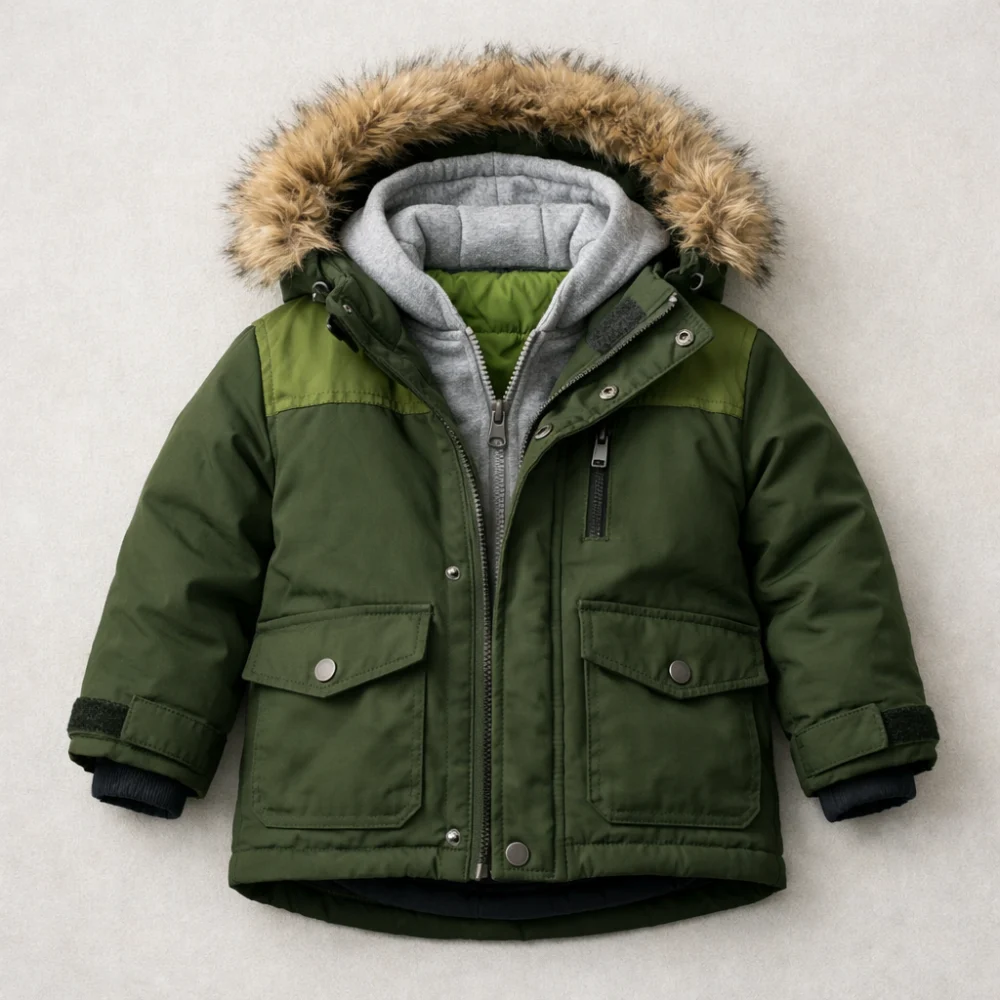 A kids parka jacket laid flat on a plain background