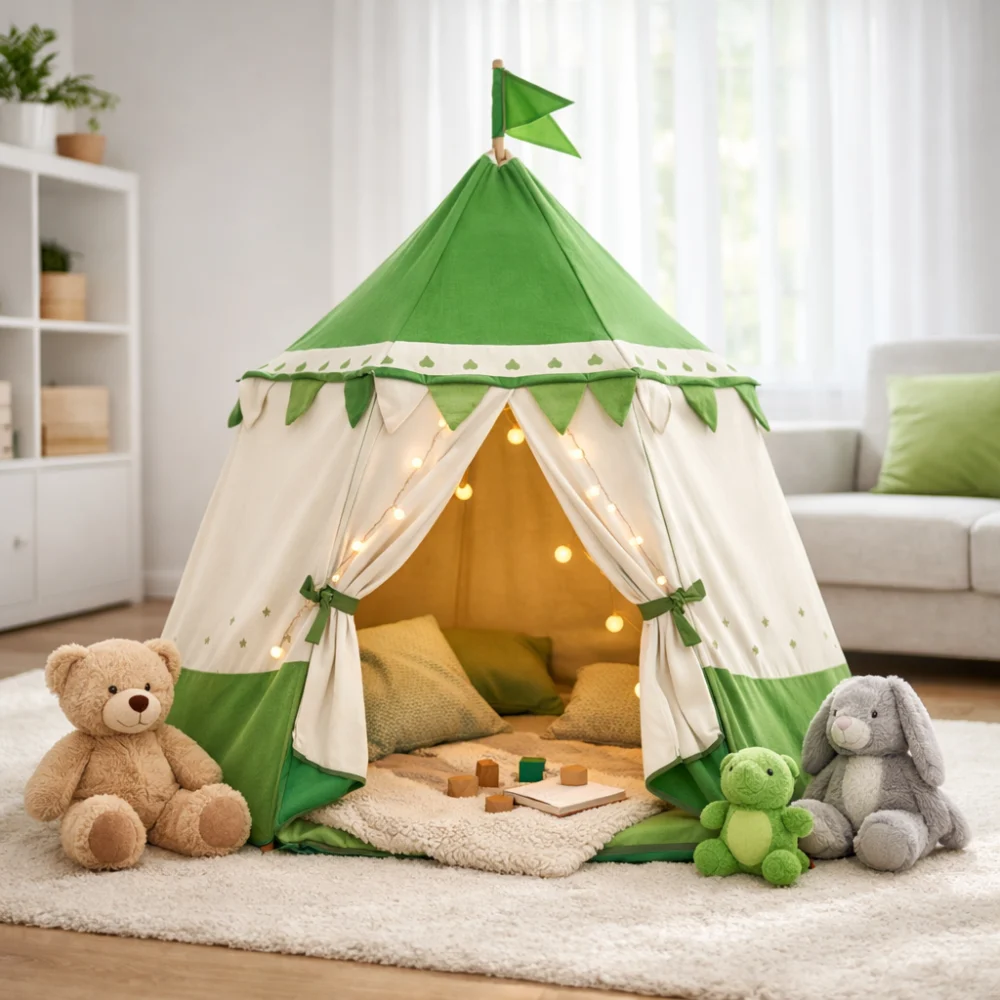 A child-friendly play tent in a simple indoor setting with soft toys nearby