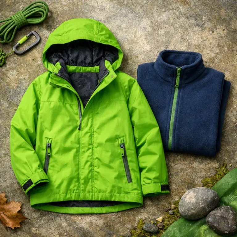 A kids' rain shell jacket shown with a folded fleece to suggest layering for wet weather.