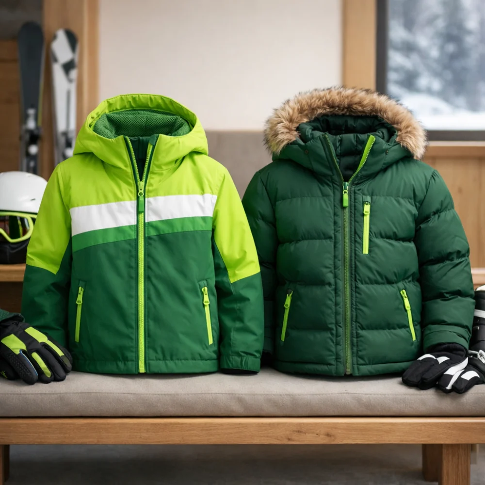 Two kids' ski jackets shown side by side to compare styles
