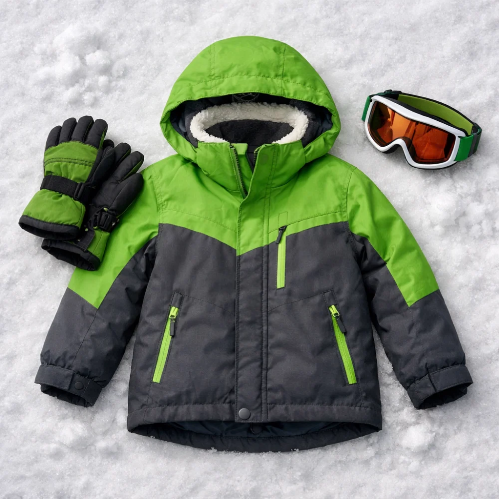 Child-sized ski jacket with winter accessories on a neutral background