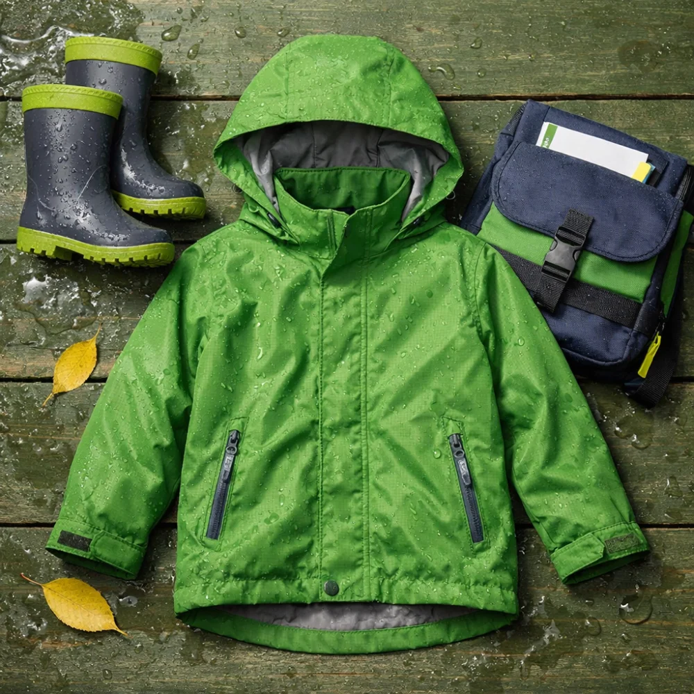 A kids waterproof jacket shown as a practical wet-weather clothing choice