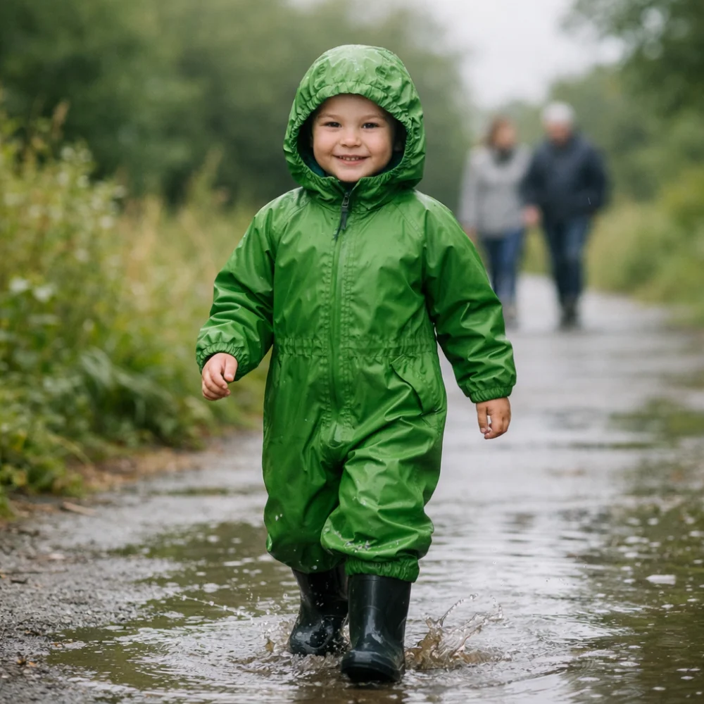 Child wearing a hooded waterproof suit outdoors on a wet path