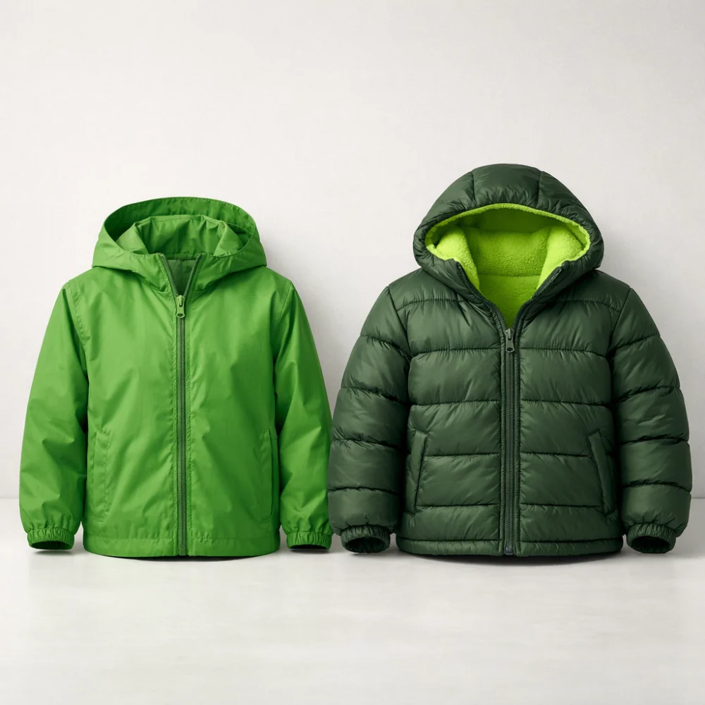 Two kids jackets shown side by side to compare a lightweight style and a slightly warmer lined style.