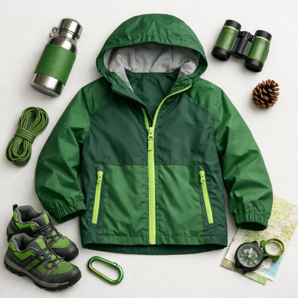 A kids windproof jacket laid flat on a plain background with simple outdoor accessories.