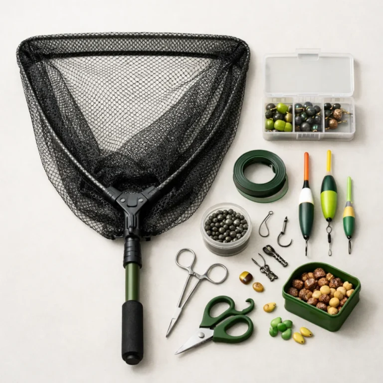 A generic fishing landing net displayed with simple tackle on a plain background.