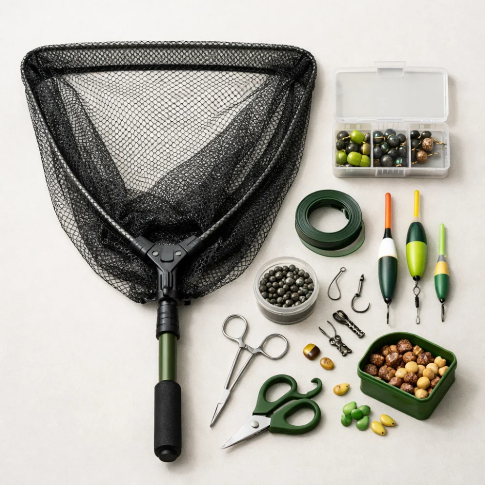 A generic fishing landing net displayed with simple tackle on a plain background.
