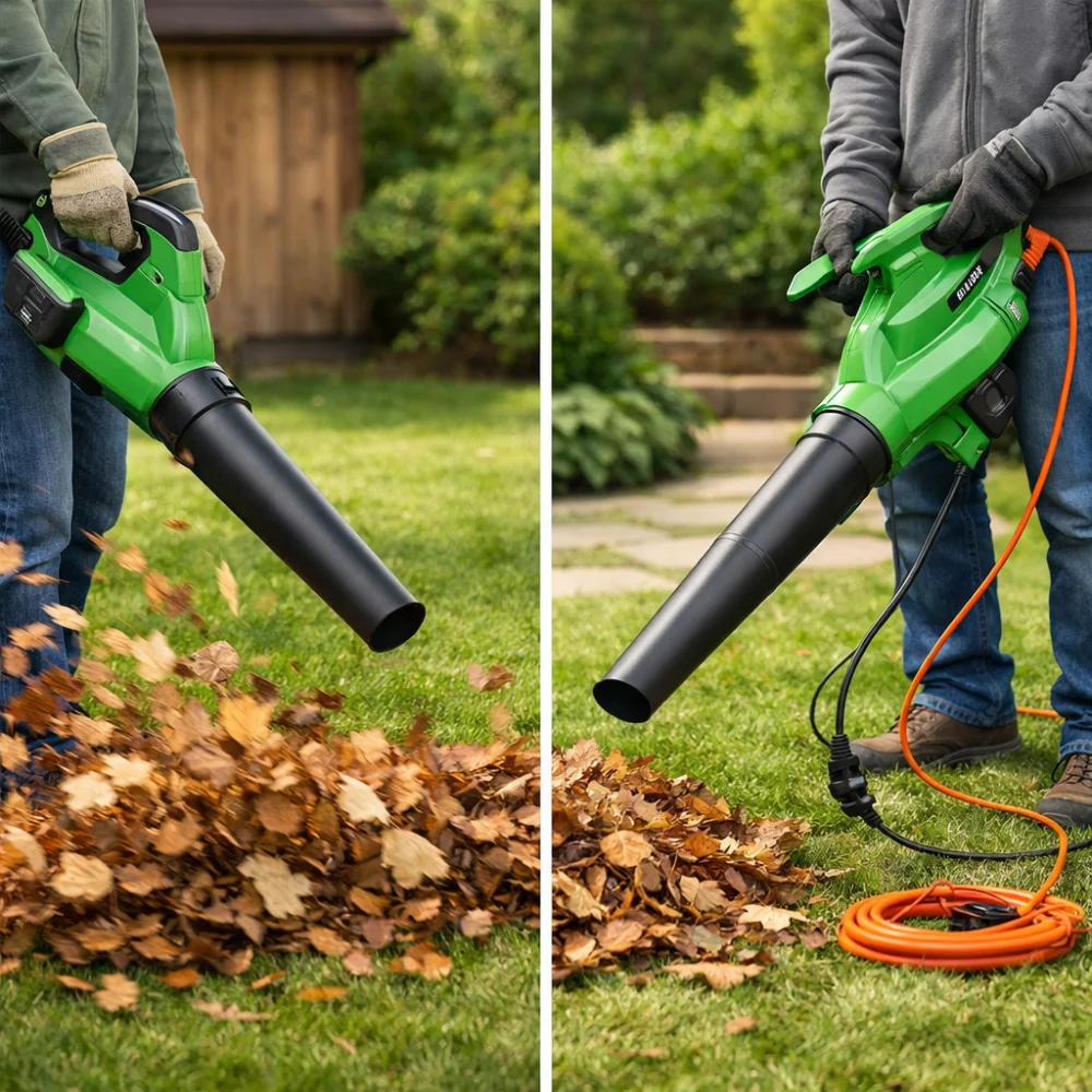 Cordless and corded leaf blowers shown as a simple comparison