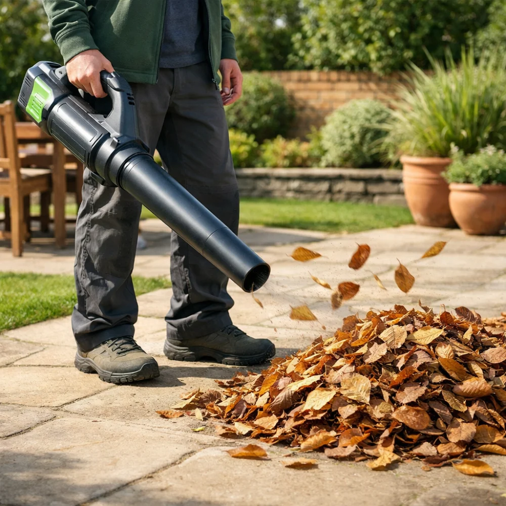 A person using a leaf blower to clear leaves from a patio