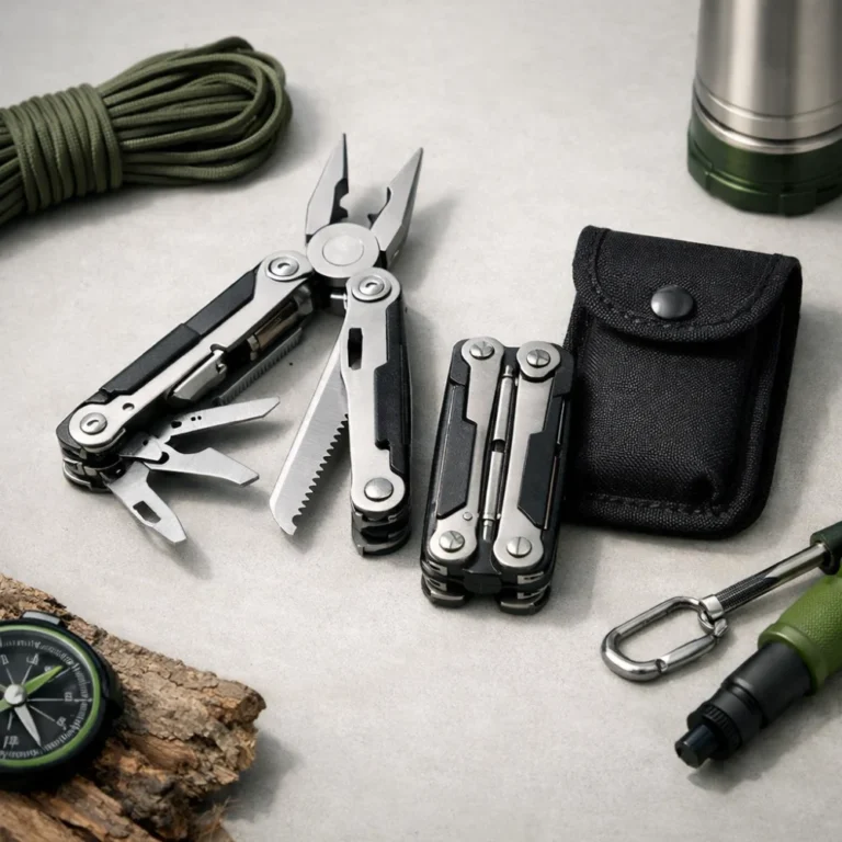 An unfolded multi tool and a folded multi tool shown with a pouch on a neutral background.