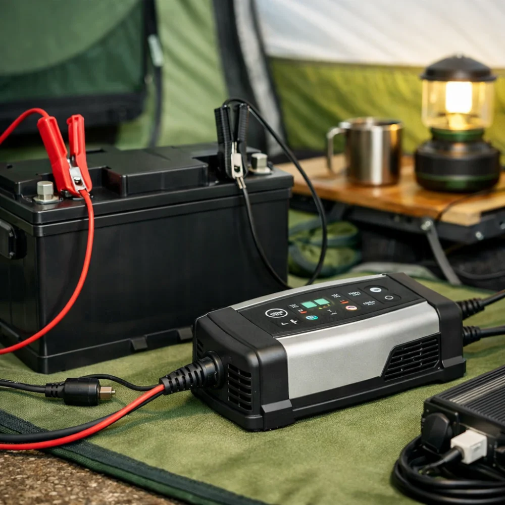 A leisure battery charger beside a battery in a simple camping power setup