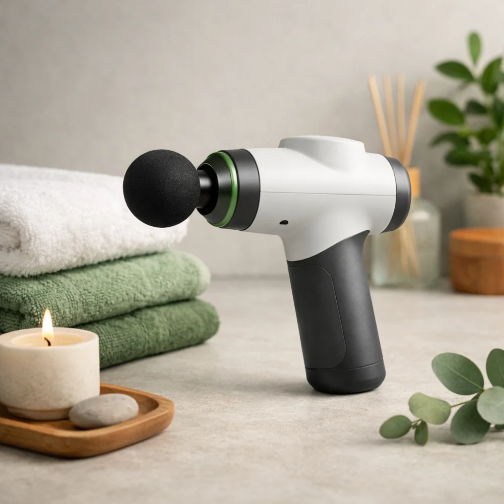 A generic massager styled with towels on a neutral background