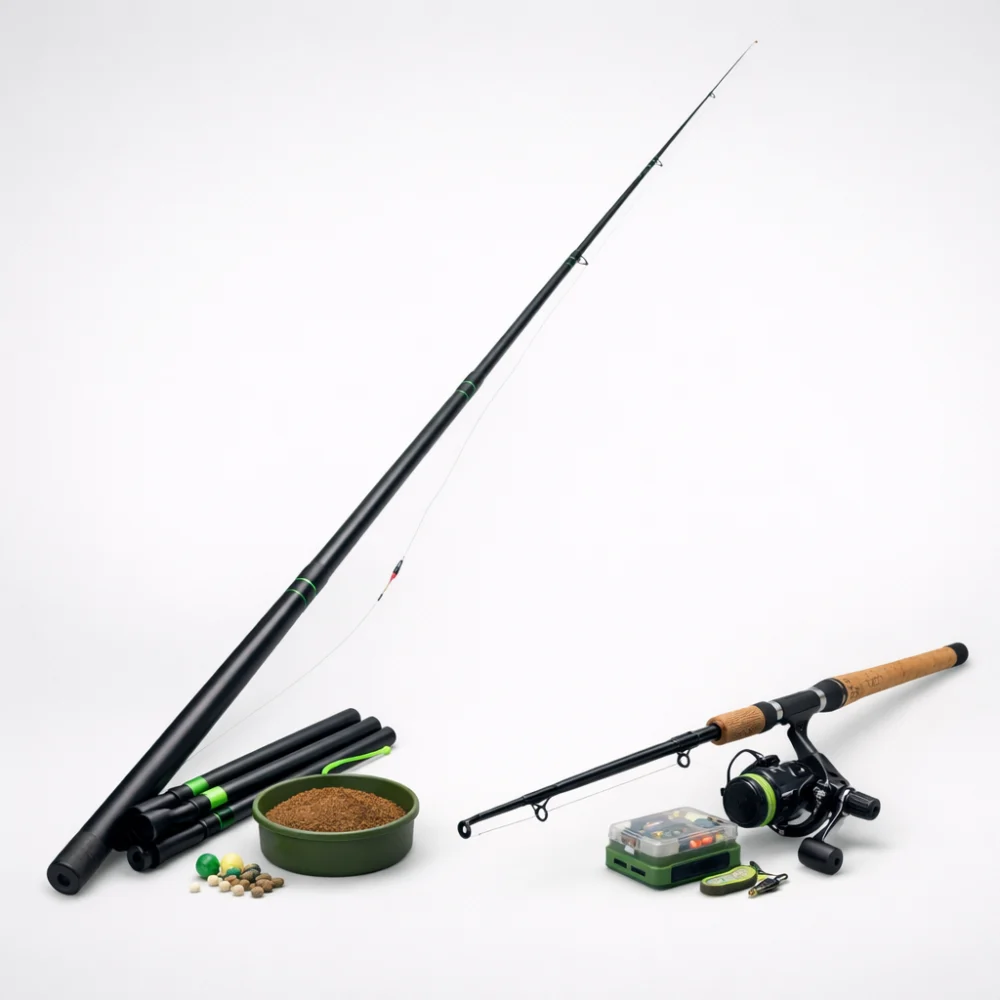 Two different fishing rod styles shown side by side for comparison.