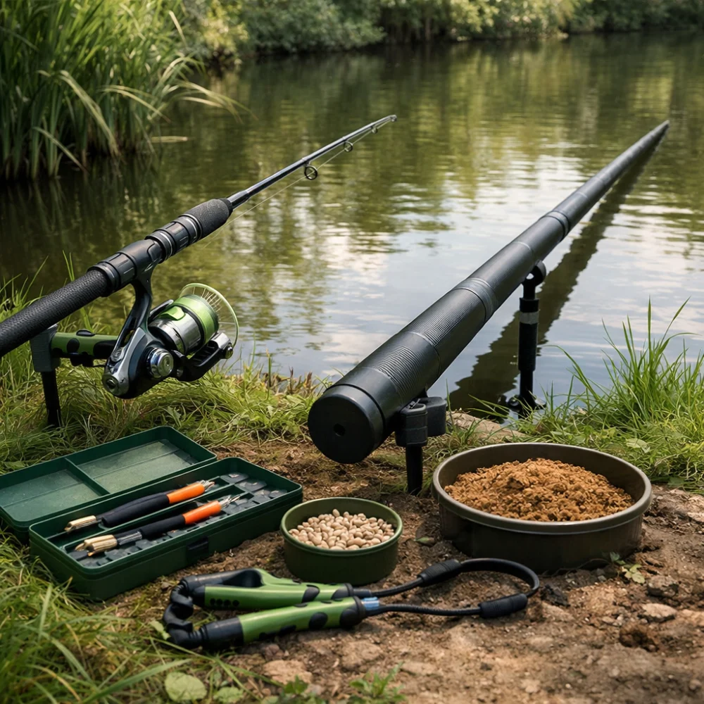 A match rod and a pole rod set up beside calm water with basic fishing tackle.