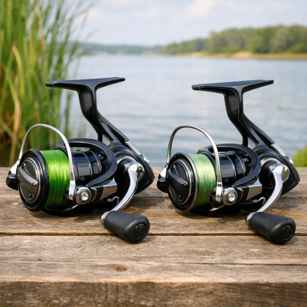 Two generic fishing reels showing different spool shapes.