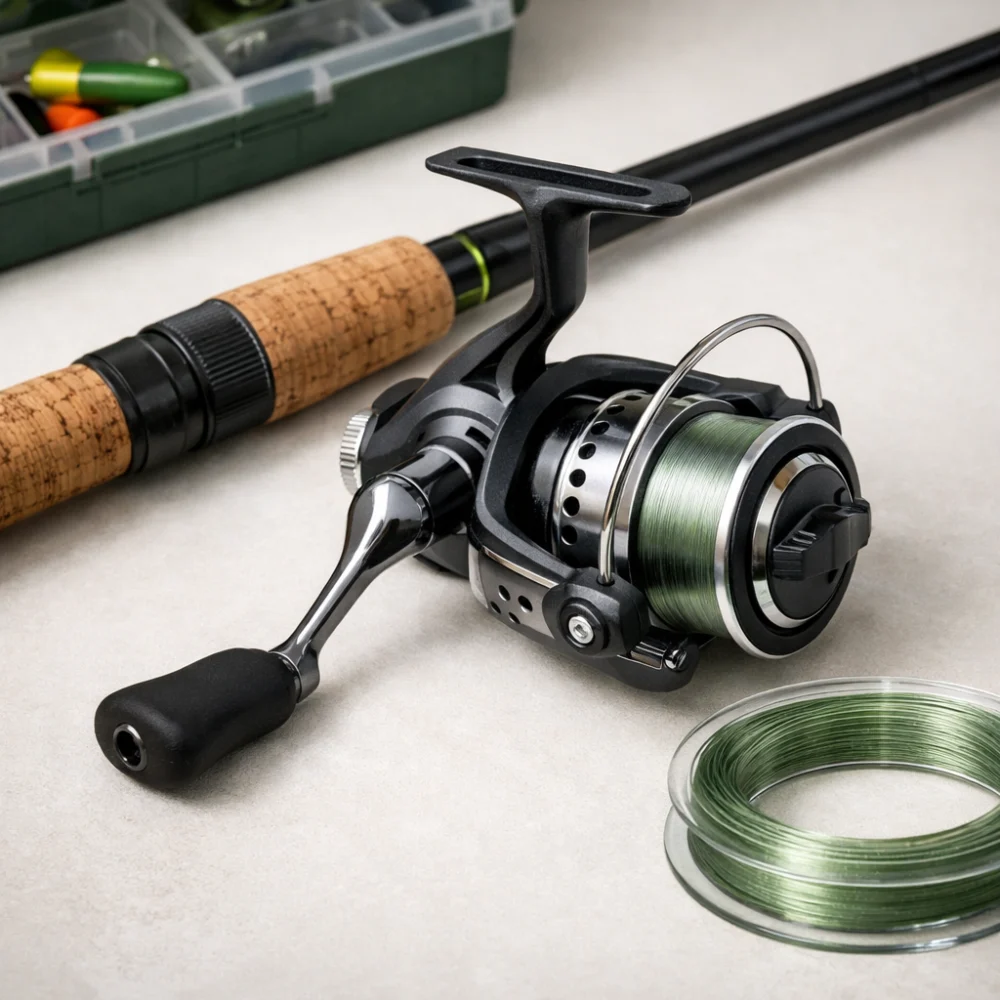 A match fishing reel displayed beside a rod handle and neatly coiled line.