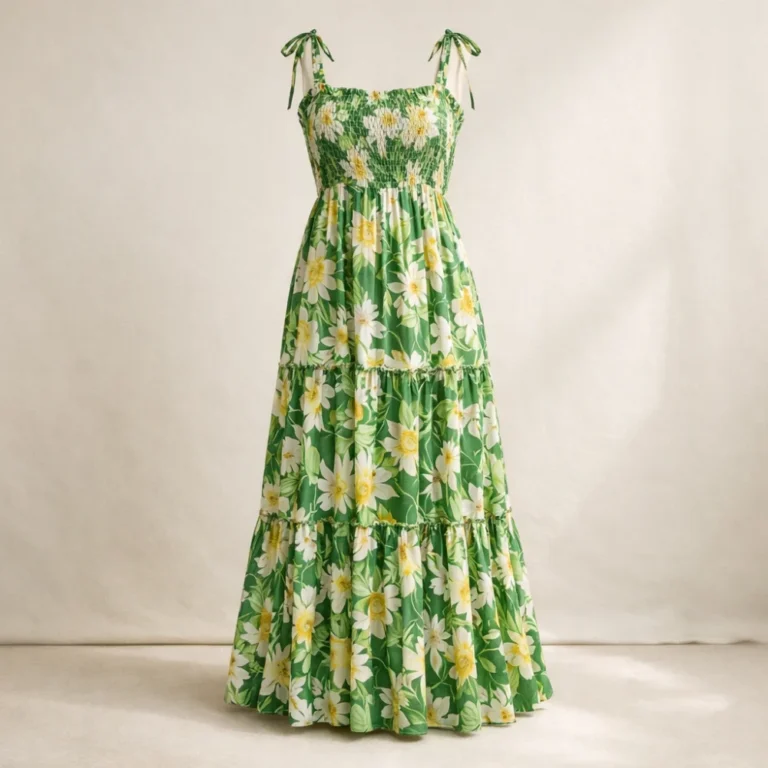 A simple full-length summer maxi dress displayed on a neutral background.