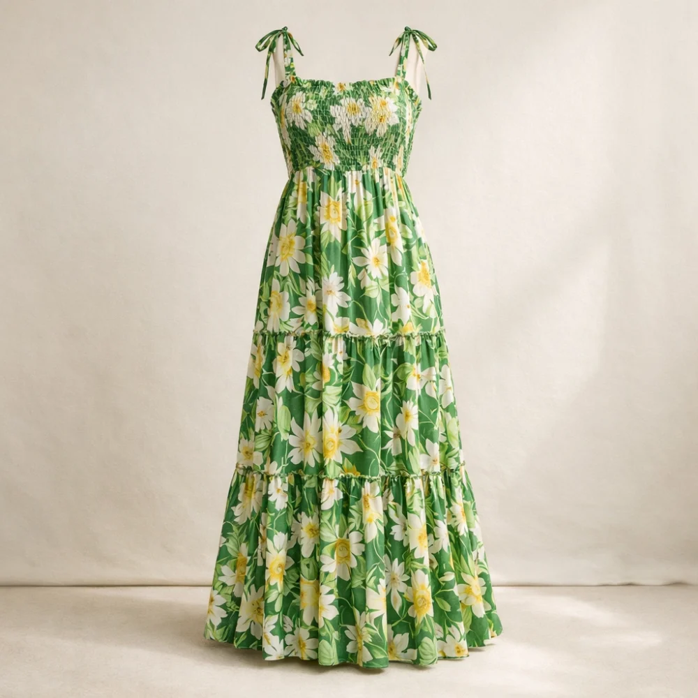 A simple full-length summer maxi dress displayed on a neutral background.