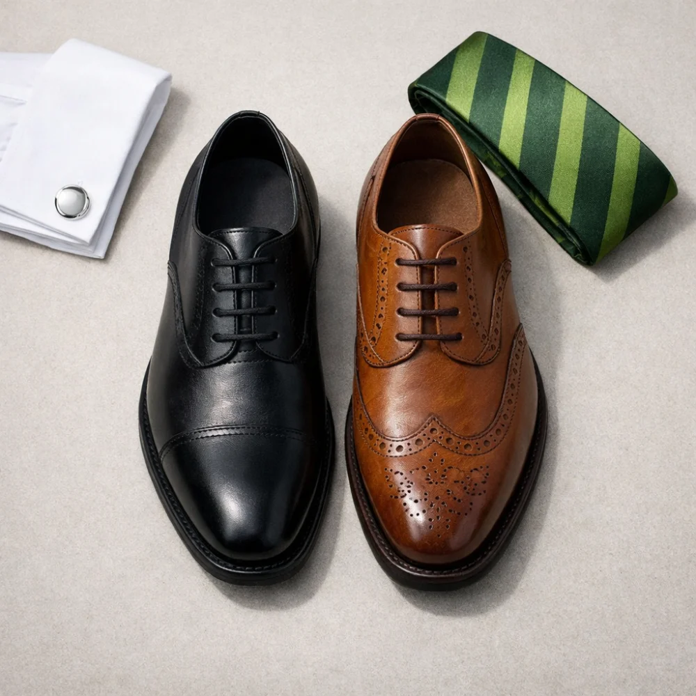 Classic men's formal shoes arranged neatly on a neutral background