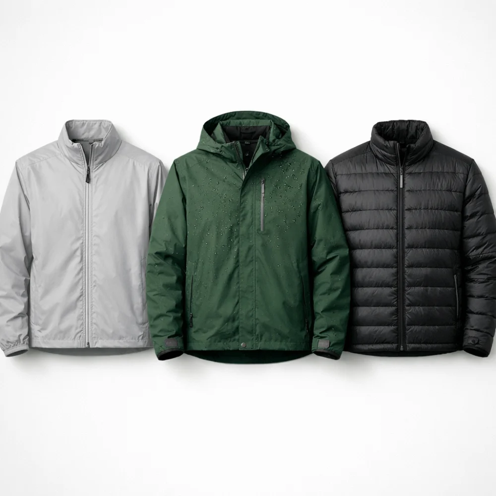 Three generic men's golf jackets showing different outerwear types for golf