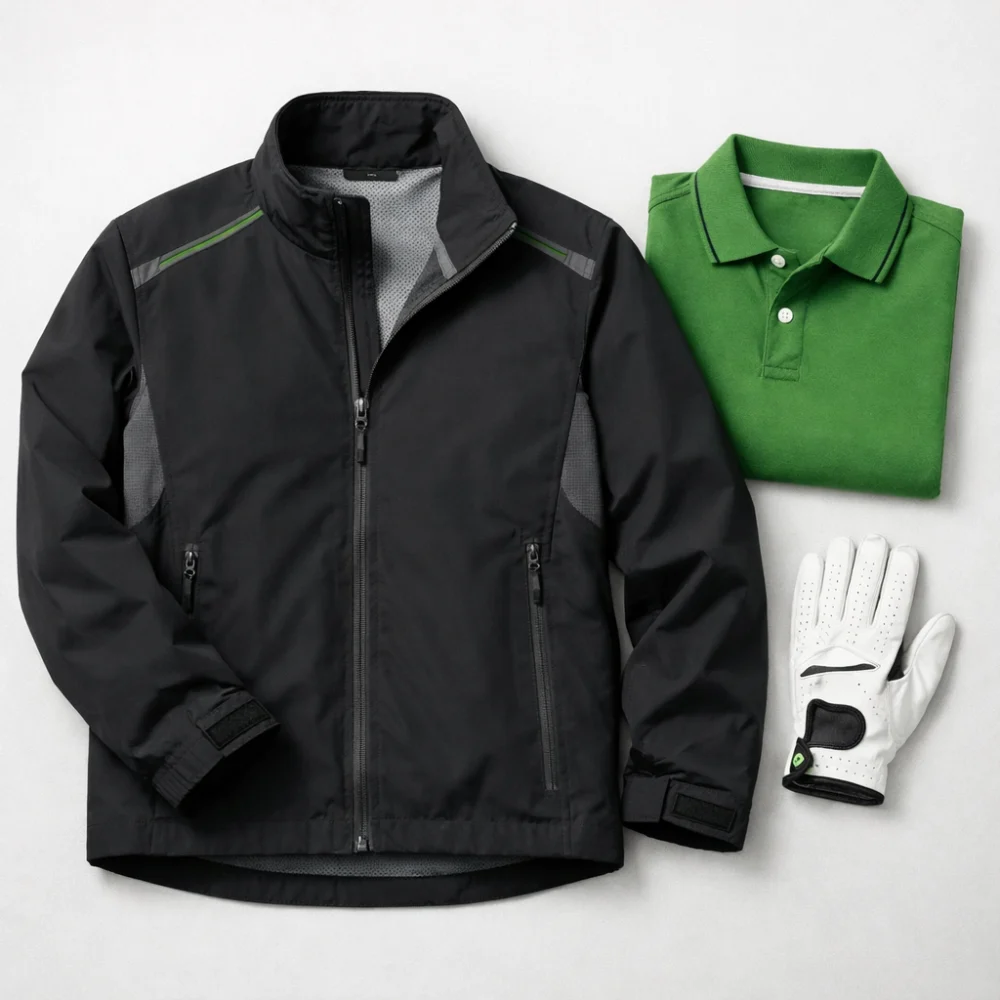 Men's golf jacket laid out as practical golf outerwear on a neutral background