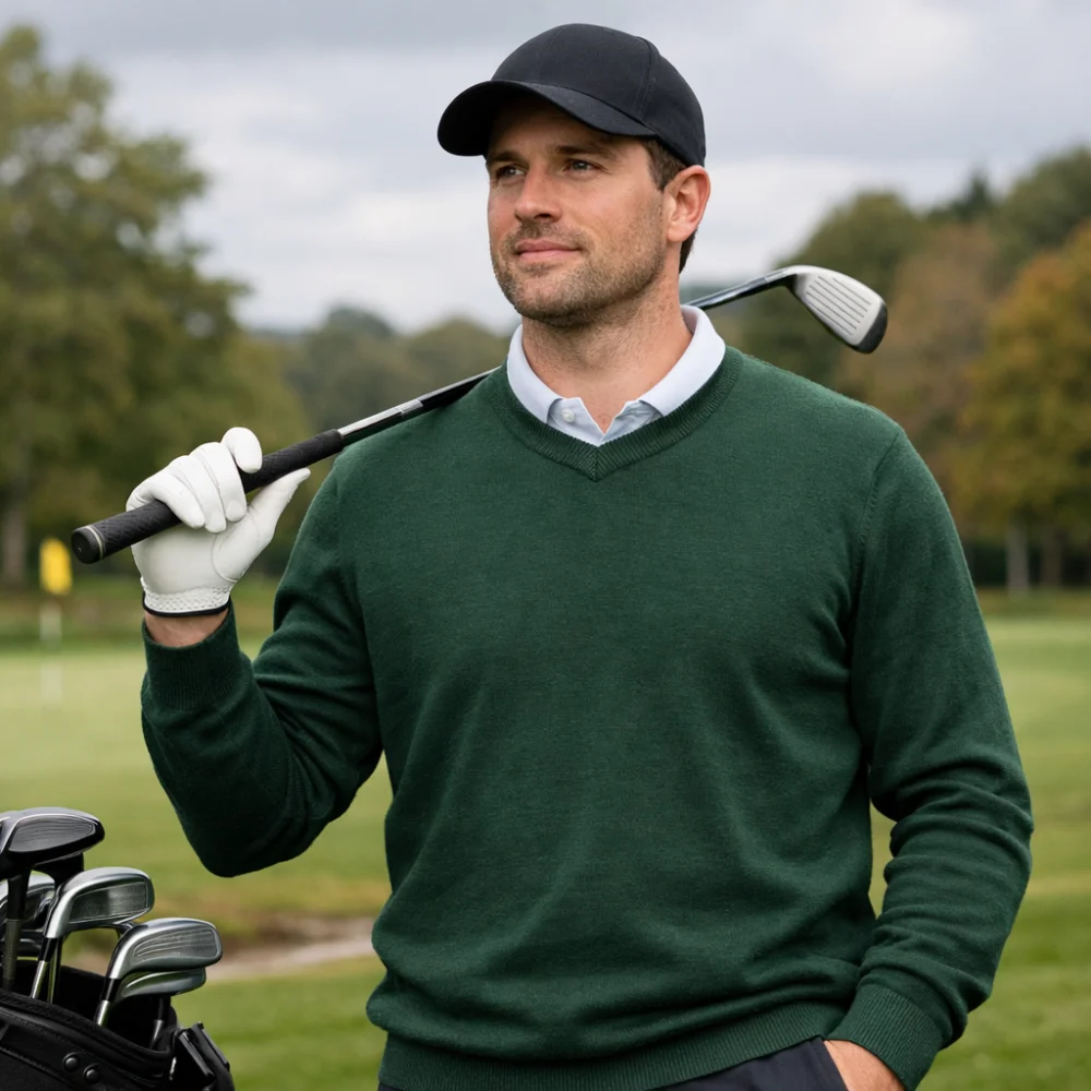 A golfer wearing a plain golf jumper on a course in cool weather.