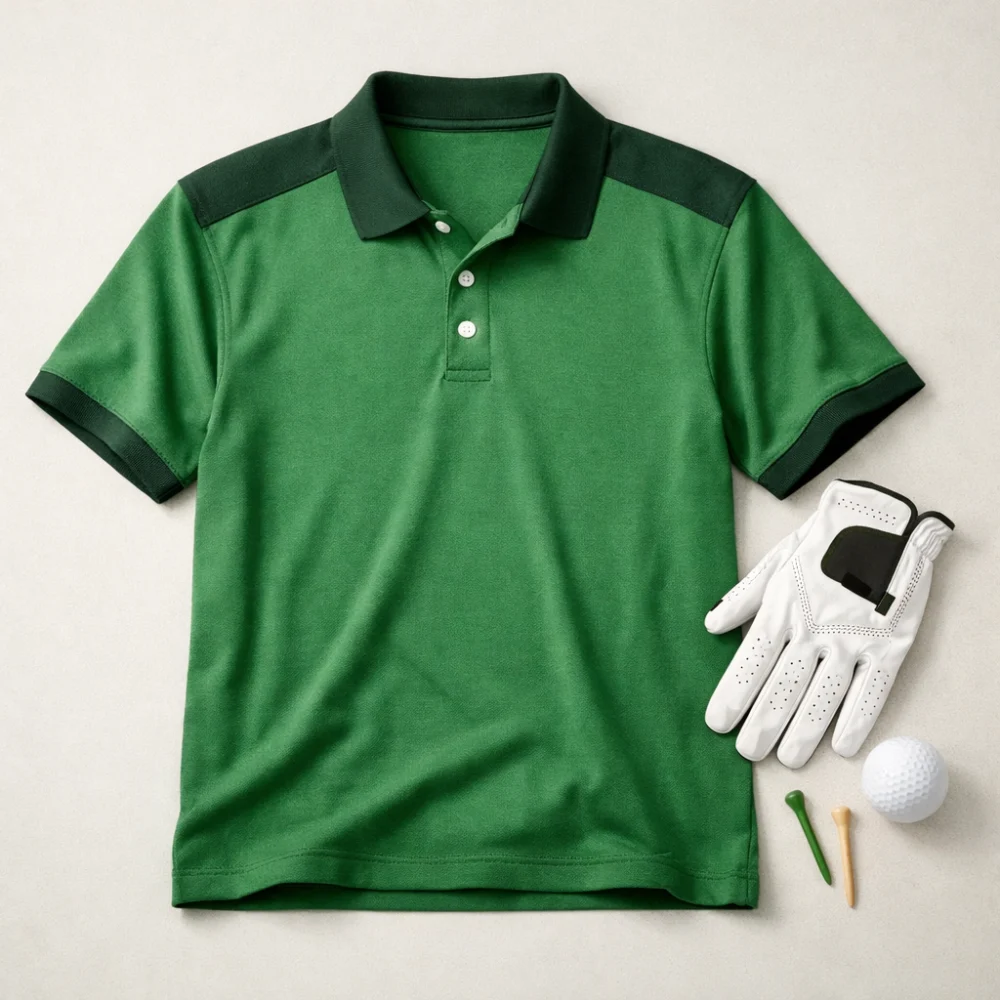 Men's golf polo shirt laid flat with simple golf accessories on a neutral background.
