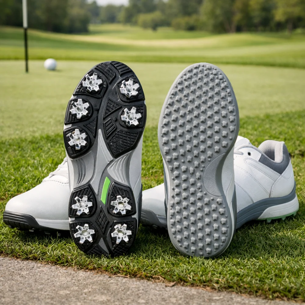 Two generic golf shoe styles side by side, showing spiked and spikeless soles
