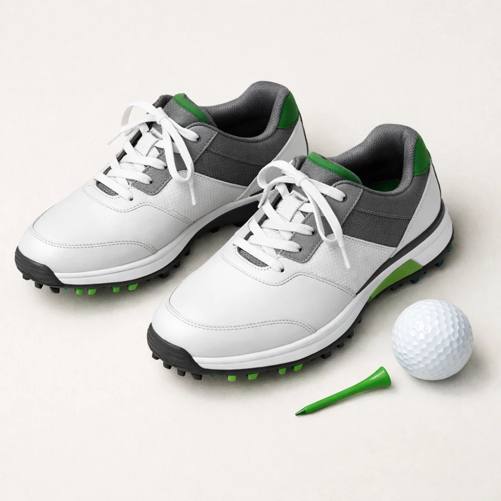 Generic men's golf shoes with a golf ball and tee on a neutral background