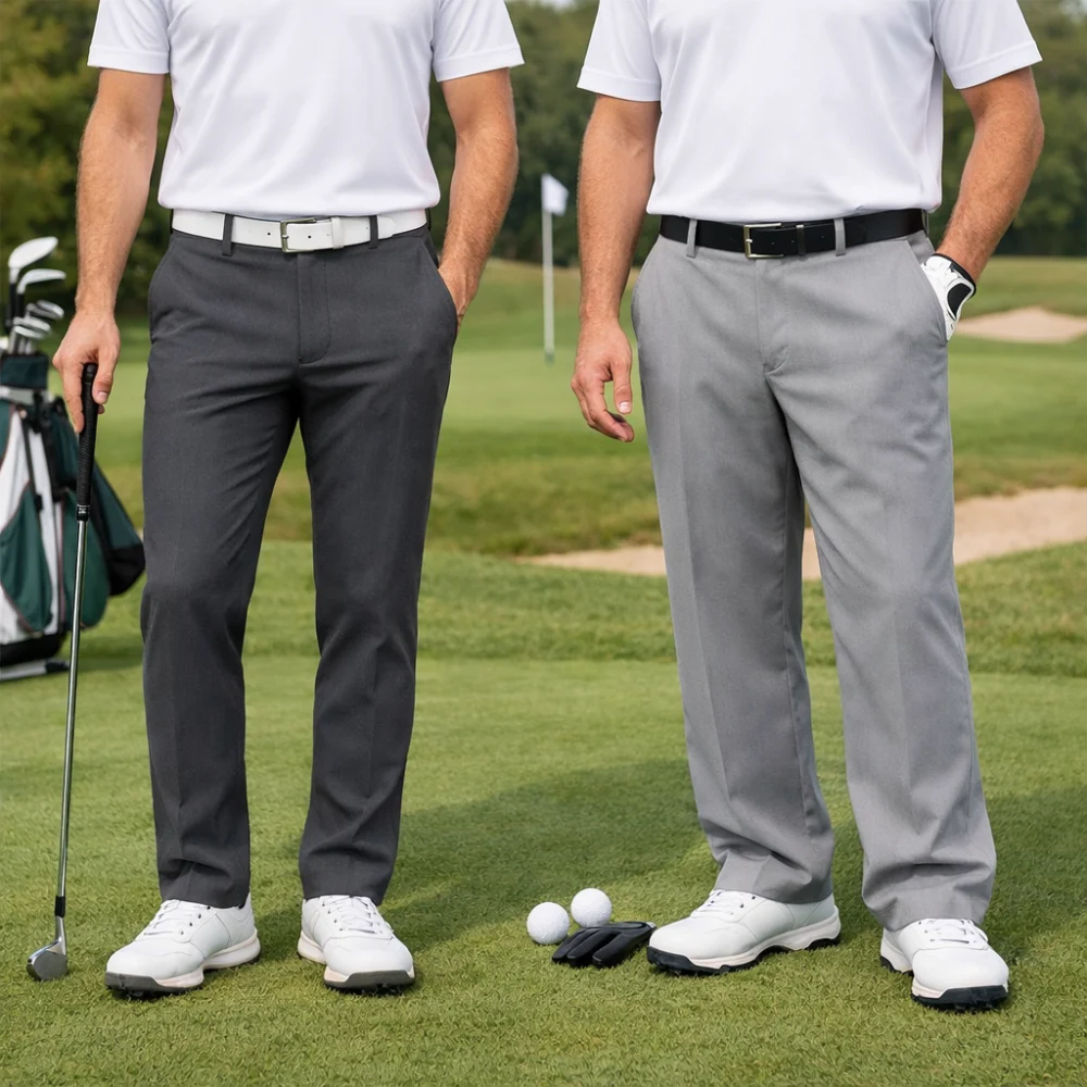 Two men's golf trouser styles shown side by side to compare fit