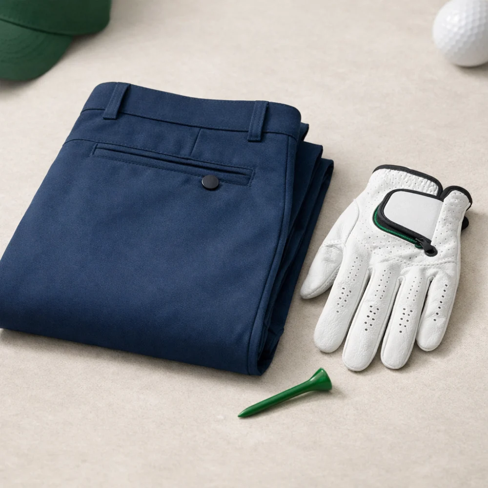 Men's golf trousers folded with simple golf accessories on a neutral background