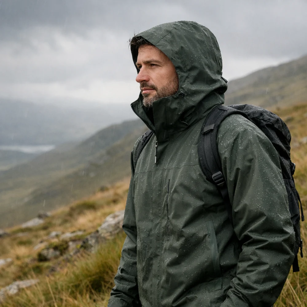 Man wearing a technical waterproof walking jacket on a windy hillside