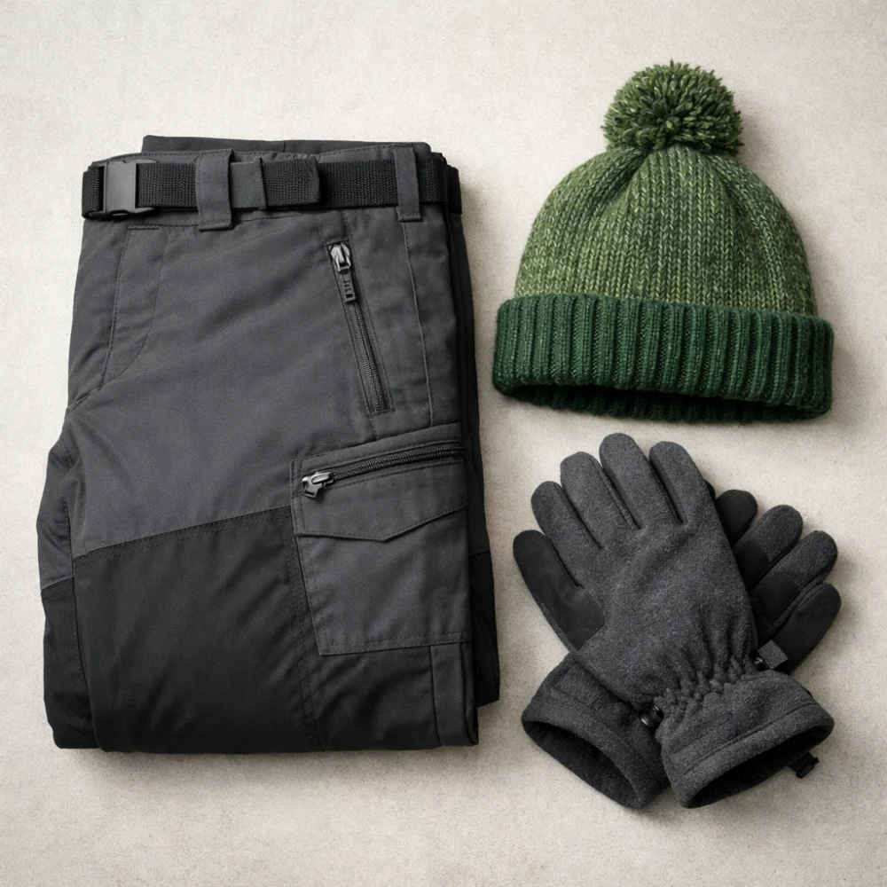 Folded men's insulated trousers arranged with winter accessories on a plain background.