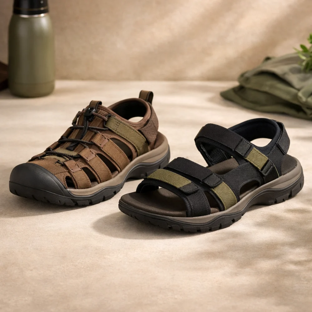 A pair of generic men's sandals on a neutral background