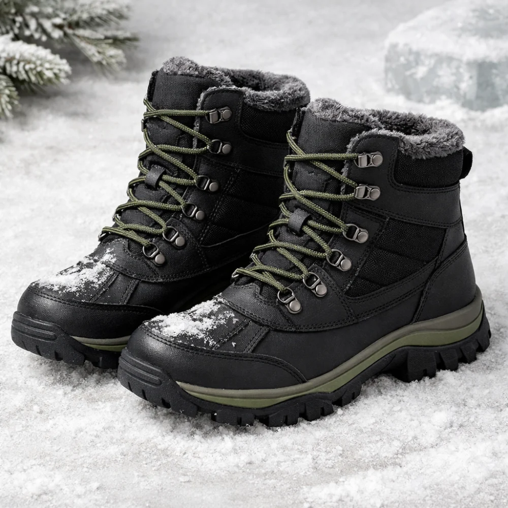 A pair of men’s snow boots on a neutral winter-inspired surface