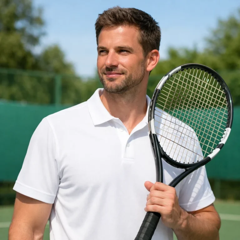 Adult man wearing a plain tennis shirt on a court