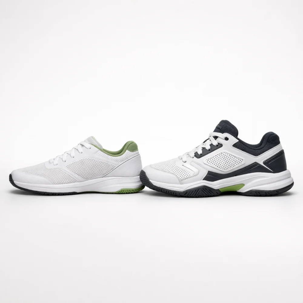 Two unbranded tennis shoes side by side to show different profiles