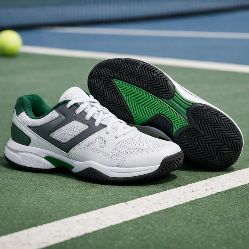 A pair of men's tennis shoes shown on a plain background