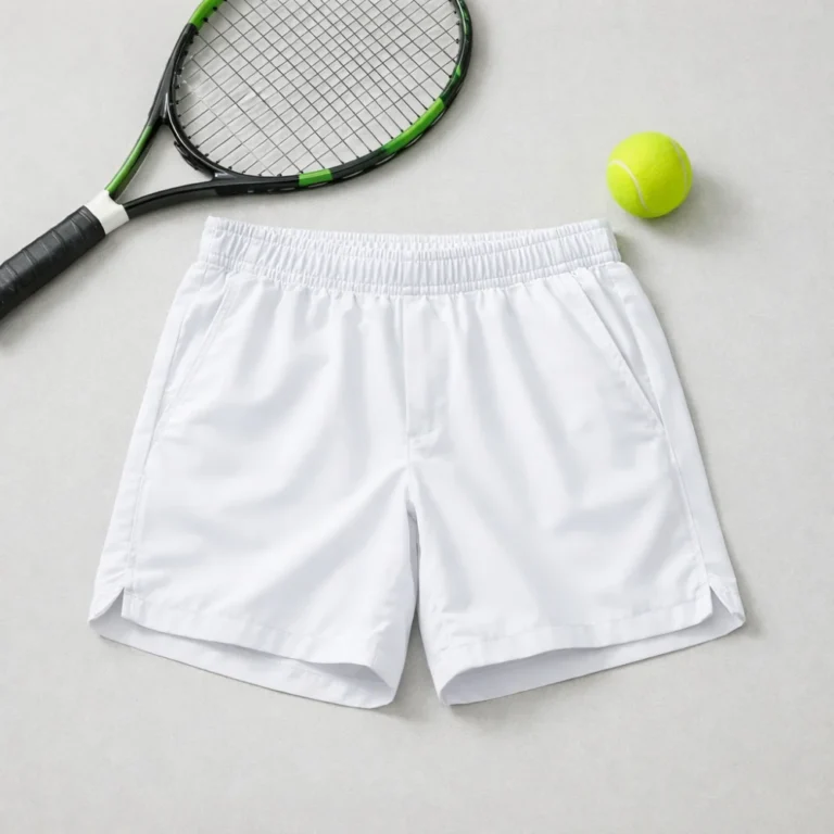 Men’s tennis shorts laid out with a tennis racket and ball