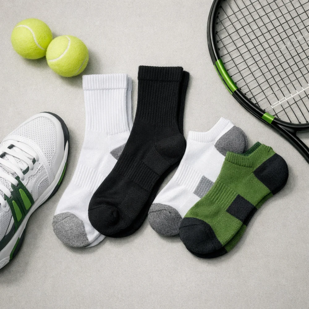 Men's tennis socks styled with tennis footwear and a racket on a neutral background