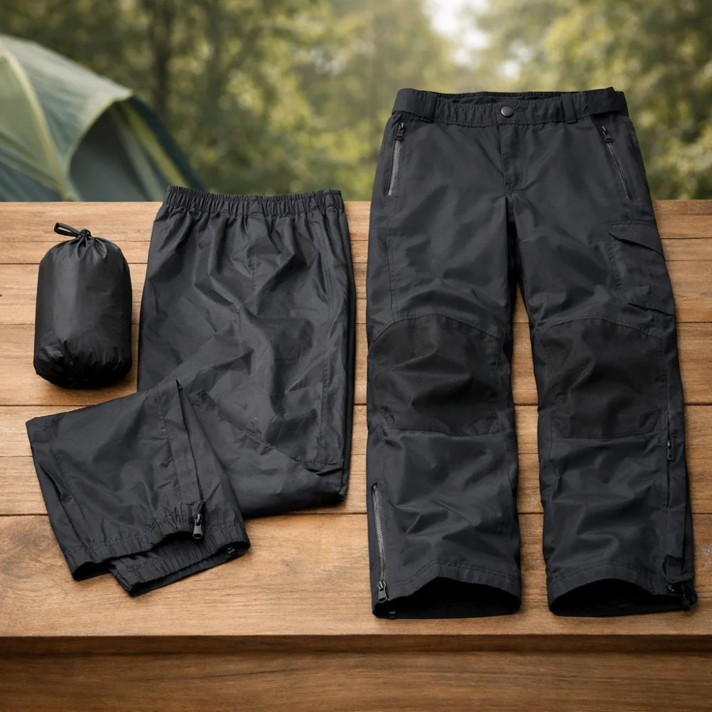 Two generic waterproof trouser styles shown side by side