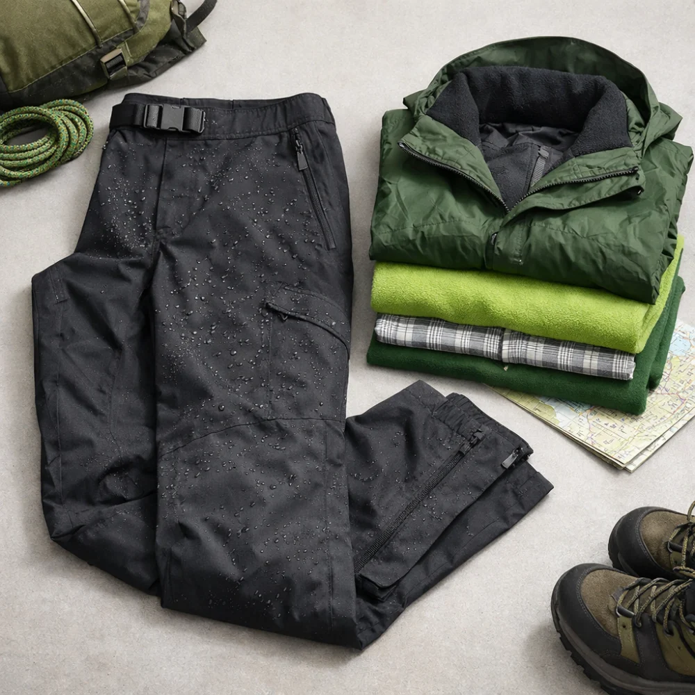 Generic men’s waterproof walking trousers on a plain background