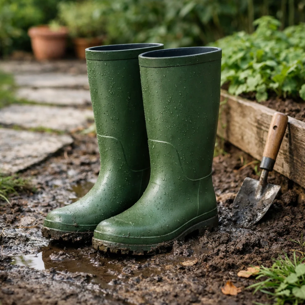 Plain men's Wellington boots standing on muddy ground outdoors.