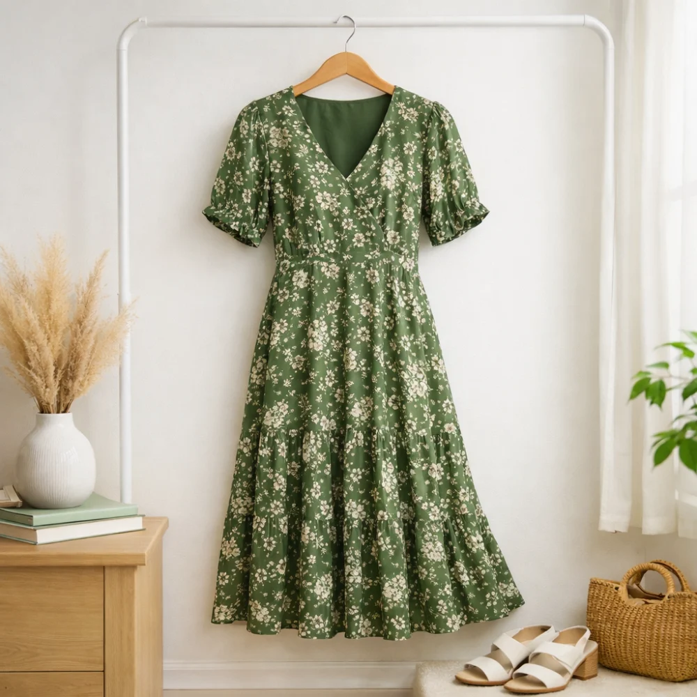 A midi dress shown in a simple neutral lifestyle setting