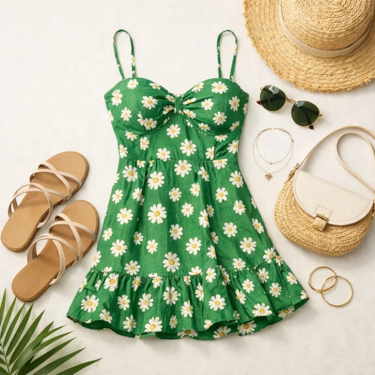 A summer mini dress styled with sandals and light accessories on a neutral background