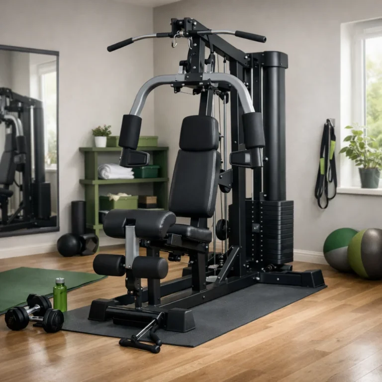 A multi gym set up in a tidy home workout space.